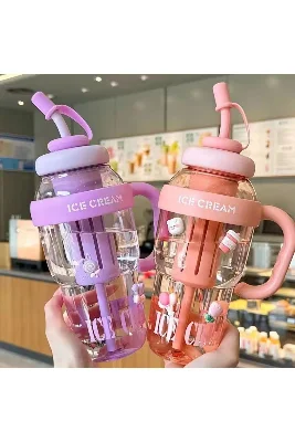 ICE CREAM Tasarımlı Pipetli Suluk – 1.3 Litre Büyük Hacimli, Şeffaf Renkli Matara, Sızdırmaz Kapak