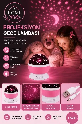 Projeksiyon Gece Lambası - Renkli LED Çocuk Odası Tavan Yansıtan Masa Gece Lambası