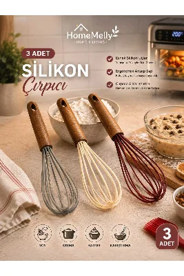 3’lü Silikon Çırpıcı Seti Ahşap Saplı Yumurta Krema Hamur Karıştırıcı Mutfak Çırpma Teli