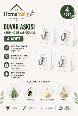 Effaf Kendinden Yapışkanlı Çok Amaçlı Askı – 4’lü Set, Duvar Ve Kapı Için Pratik