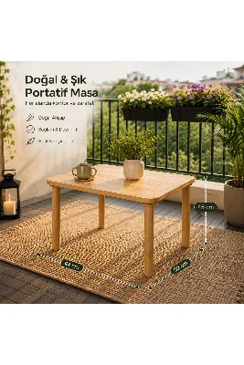 Ahşap Portatif Kamp ve Piknik Masası – Balkon, Bahçe ve Teras İçin Çok Amaçlı Sehpa Doğal Ahşap