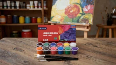 Hobi - Sanat - Eğitim - Boyama Seti - 12 Renk 25 ml Şişe Akrilik Boya - 4 Adet (4-6-8-10 Nolu ) Fırça - Boyma Başlangıç Seti