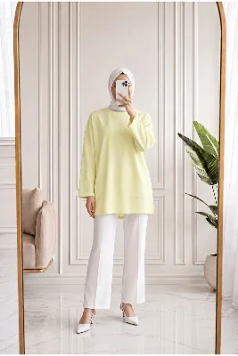Mahay Kalp Nakışlı Yırtmaçlı Tunik-SS13074 Sarı
