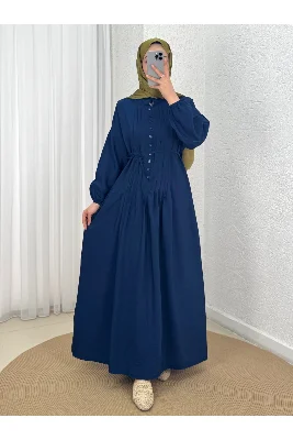 Maruna Poplin Pileli Düğmeli Elbise-NA2404 Bordo