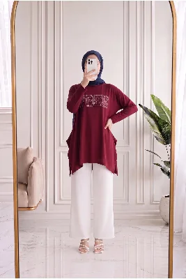 Lalefer Baget Taşlı Salaş Viskon Tunik-MF1916 Bordo