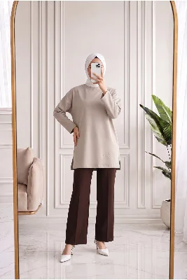 Mahay Kalp Nakışlı Yırtmaçlı Tunik-SS13074 Taş