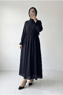 Almina Müslin Biye Bağcıklı Elbise-NA2418 Siyah