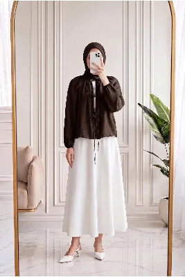 Dilşad Büzgülü Bağlamalı Tül Bluz-NL965 Koyu Kahve