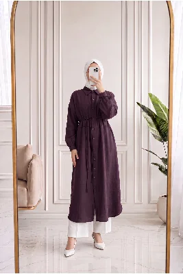Pakize Gömlek Yaka Yırtmaçlı Uzun Tunik-EK1006 Mürdüm