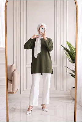 Mahay Kalp Nakışlı Yırtmaçlı Tunik-SS13074 Haki