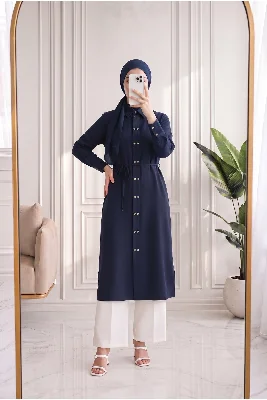 Cemay Boydan Çift Çıtçıtlı Yırtmaçlu Uzun Tunik-GS688 Lacivert