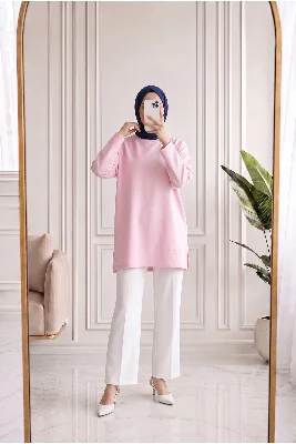 Mahay Kalp Nakışlı Yırtmaçlı Tunik-SS13074 Pembe