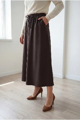 Lunona Çift Cepli Keten Etek-MA8256 Kahve