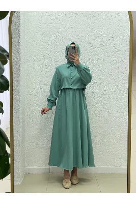 Vinoria Beli Lastikli Yeleği Düğmeli Dabıl Elbise-KN9899 Mint