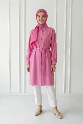 Miresia Bağcıklı Uzun Modal Gömlek-PE261 Pembe