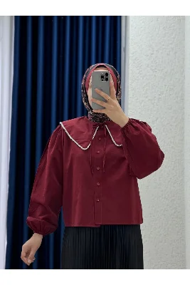 Sanonia Yakası İncili Kısa Poplin Gömlek-NA792 Bordo