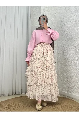 Aybirce Kolu Tünelli Yaka Fırfırlı Kısa Gömlek-AS5975 Pembe