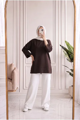 Sırmahan Kol Manşetli Yırtmaçlı Tunik-NA912 Kahve