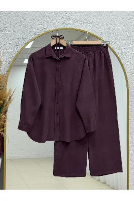 Şahnaz Gömleği Bağlamalı Pantolonlu Takım-GS376 Mürdüm