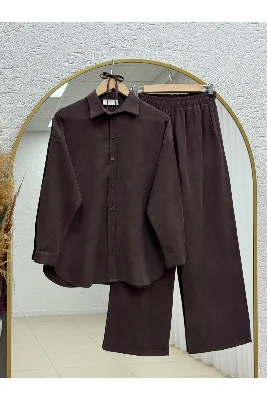 Şahnaz Gömleği Bağlamalı Pantolonlu Takım-GS376 Kahve